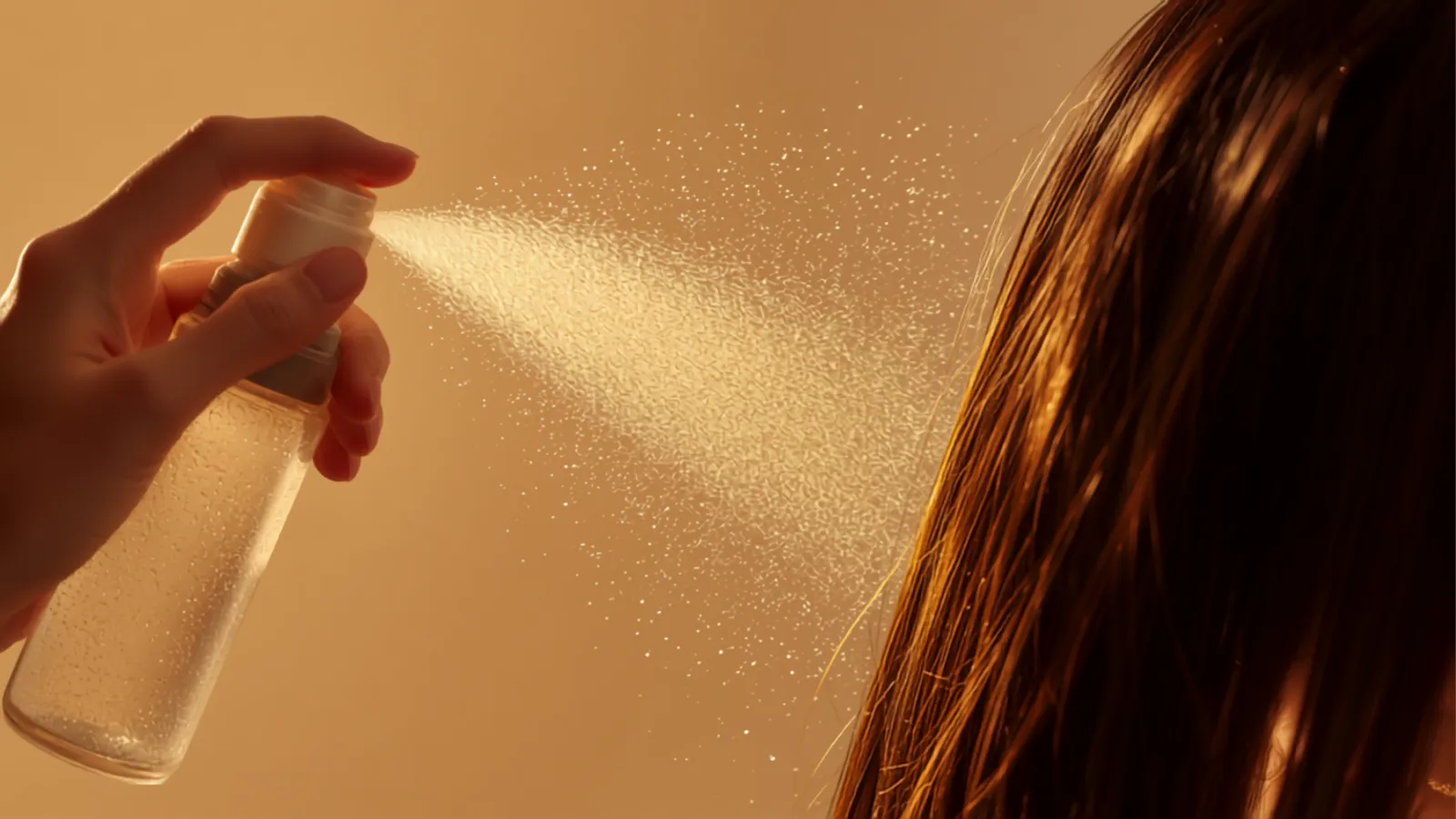 En hand sprayar leave-in conditioner i ett fint moln mot fuktiga längder i motljus