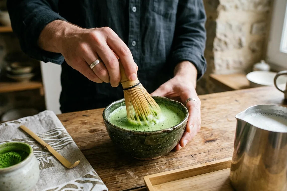 Matcha vispas i en skål med bambuvisp