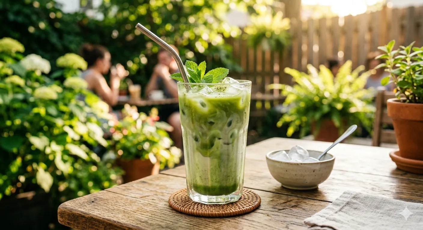 Iced matcha latte i ett glas med is
